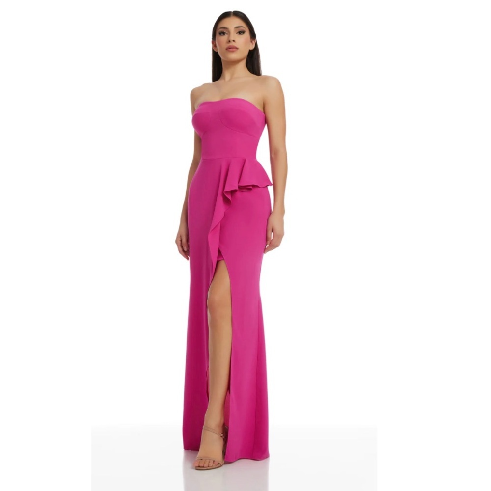 Dress the Population Kai Strapless Ruffle Slit Gown Maxi Dress Fuchsia Medium